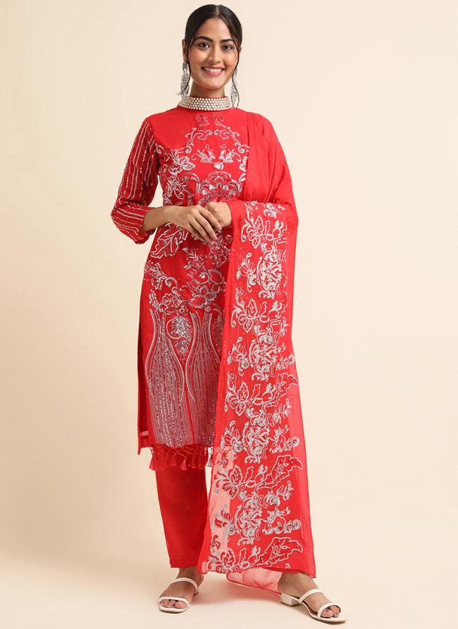 Faux Georgette Red Traditional Wear Zari Work Straight Suit